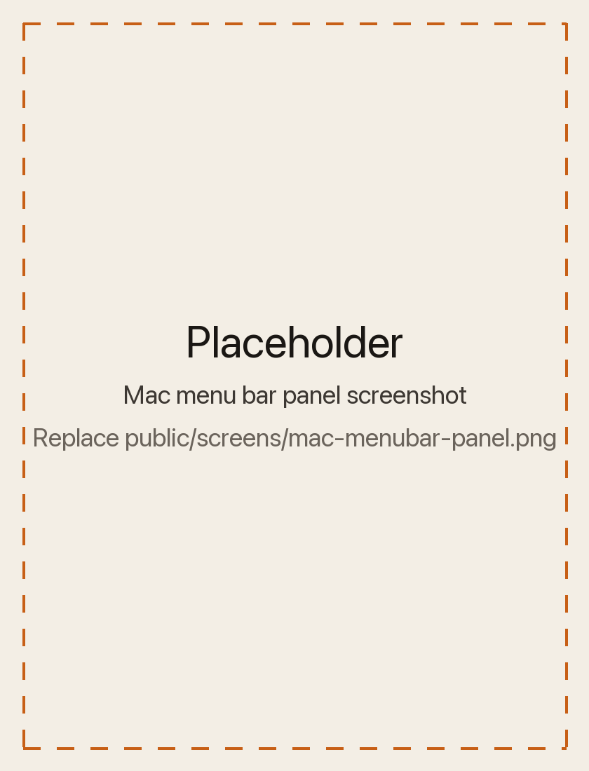 The Don't Forget menu bar panel on Mac: quick entry, the running task with its timer, and the tasks waiting to be picked up.